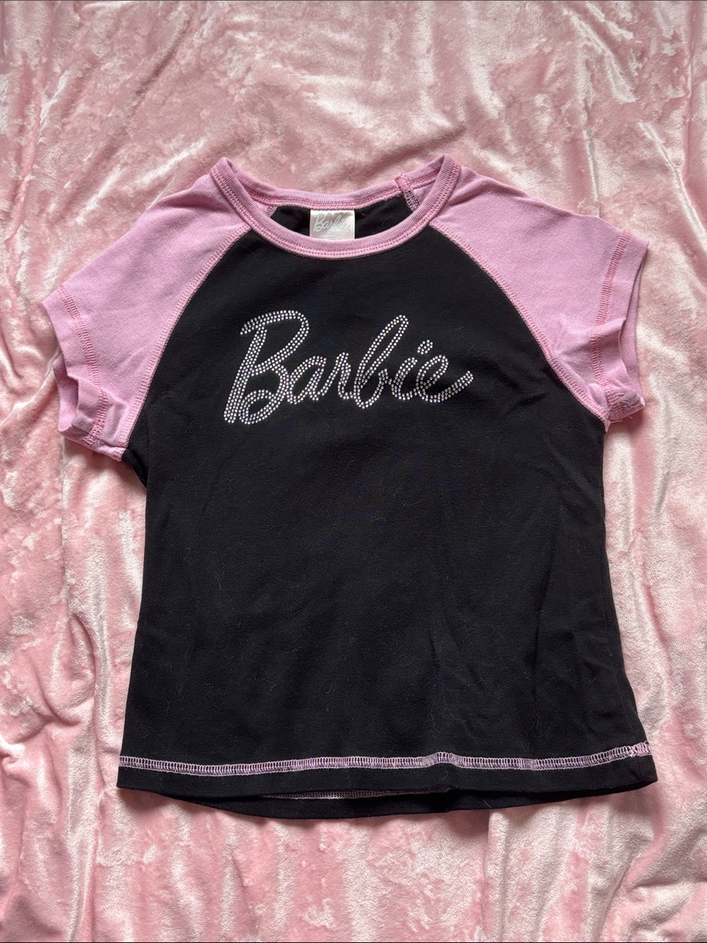 Barbie Black Tee with Light Pink Sleeves and Rhinestone Logo